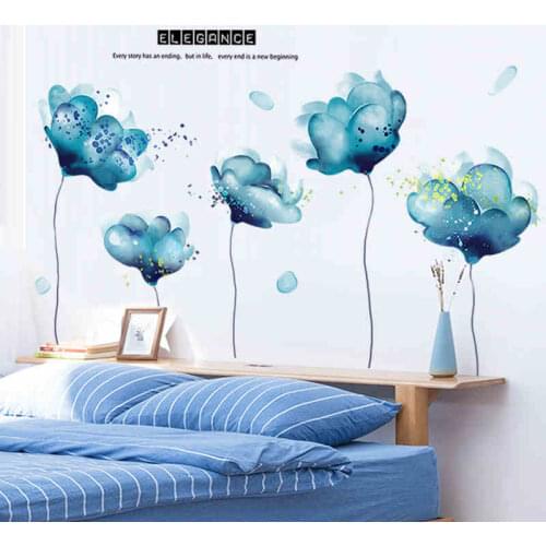 Blue Lotus Wall Stickers Flowers for Living Room Bedroom Decoration DIY Vinyl Art Wall Decals Home Decor Wallpaper Self-adhesive