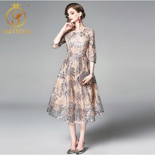 SMTHMA Elegant Mesh Embroidery Dress Women Half Sleeve New Summer Style Vintage Slim Sexy Party Casual Dresses Vestidos