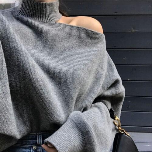 SMTHMA Korean chic temperament Elegant Design thickening Sweater Sexy hollow open shoulder Turtleneck pullover loose sweater