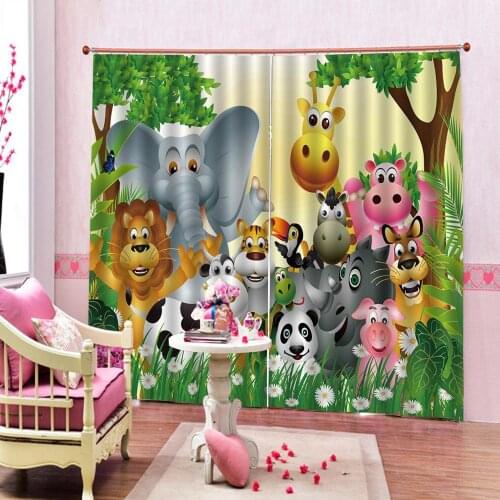 Custom Cartoon Animals Zoo Curtain For Childrens room Bedroom Blackout Window Drapes Decor Sets (Left and Right Side)