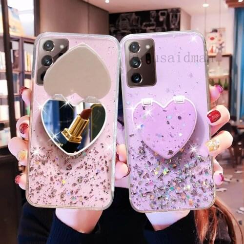 Love Heart Mirror Glitter Phone Case For Samsung Note 20 Ultra 10 Lite A6 A8 j4 j6 Plus j8 A7 2018 A750 A10S A20S Holder Cover