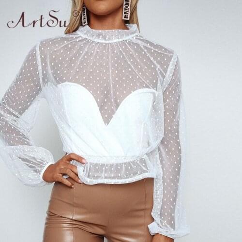 ArtSu Sexy Perspective Mesh Blouses Women Fashion Round Neck Ruffles Polka Dot Shirt 2019 Summer Ladies Lace Blusas Casual Tops