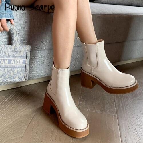 Genuine Leather Chelsea 2021 New Women Ankle Boots 9CM High Heel Thick Platform Short Boots Round Toe Slip On Mujer Casual Botas