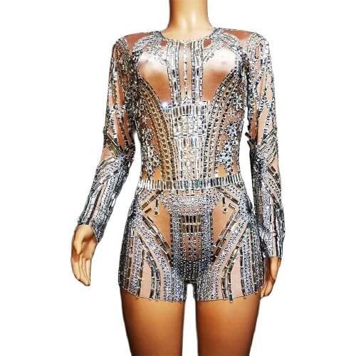 Women Rhinestone Full Glass Bodysuits Sparkling Crystal Tight Stretch Jumpsuits Nightclub Dancer Stage Wear Evening Prom Outfit