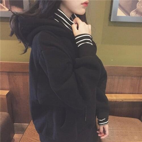 Cotton New Autumn Women Long Sleeve Hoody Hoodies Collar Cuff Stripes Kpop Hooded Pullovers Ladies Casual Loose Sweatshirt