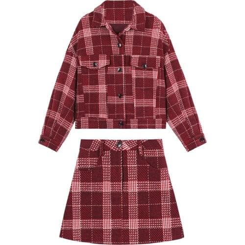 PERHAPS U Vintage Red Plaid Set Turn Down Collar Pocket Button Coat Mini Skirt 2 Pieces Set Winter T0219