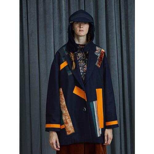 Women Original Design Fall Winter Casual Oversized Short Woolen Coat Personality Detachable Hat Patchwork Navy Blue Wool Jacket