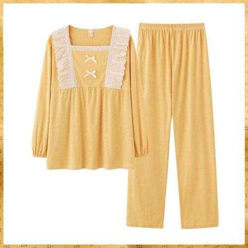 Sweet Square Collar 2pcs Women Light Yellow Cotton Sleep Sets Full Shirt&pant Pajamas Bride Lace Bow Nightwear Lounge Homewear