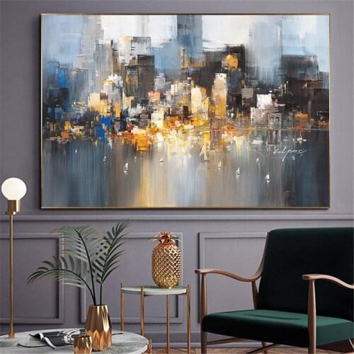 Abstract City Light In Night Poster Print Modern City Landscape Painting For Living Room Fashion Bar Pub Wall Art Decor