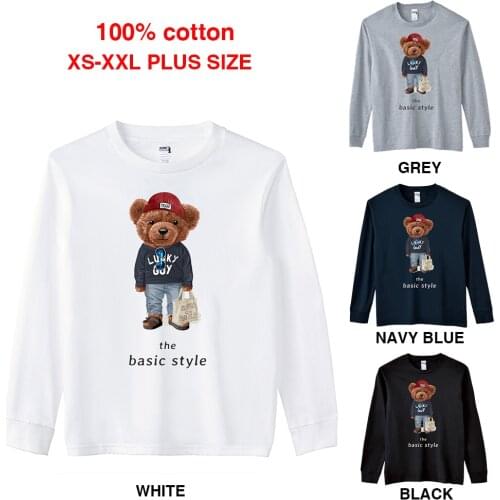 BLINGPAW Spring/Autumn Teddy Bear The Basic Style Graphics Unisex Long Sleeve T-Shirt O-Neck Tops Casual 100% Cotton