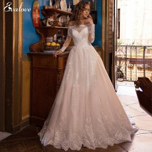 EVALOVE New Romantic Boat Neck Long Sleeve A-Line Wedding Dress Gorgeous Appliques Sparkly Tulle Customized Princess Bridal Gown