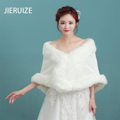 JIERUIZE Winter Wedding Bridal Shawl Warm Shrug Faux Fur Wrap Petal Wave Edge Short Cloak Lady Thick Party Cold-proof Cape
