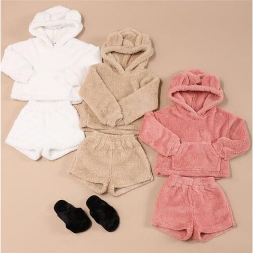 Kids Girls Boys Clothing Set Autumn Winter Clothes Sets Wool Fur Solid Ear Hooded Long Sleeve Tops Shorts Cute Baby Shorts Suit