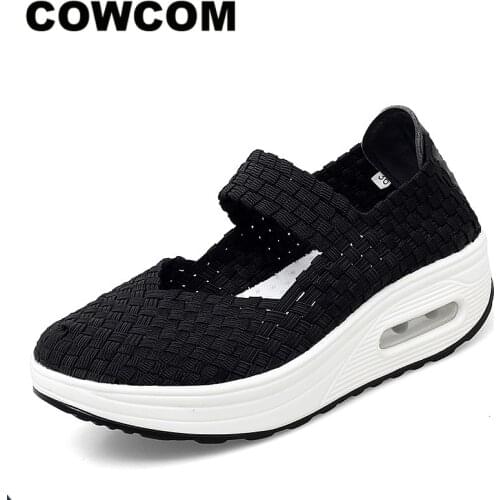 COWCOM Knitting Shoes Female Hollow Breathable Ladies Sports Shoes Comfortable Soft In The Elderly SquareShoes LCH