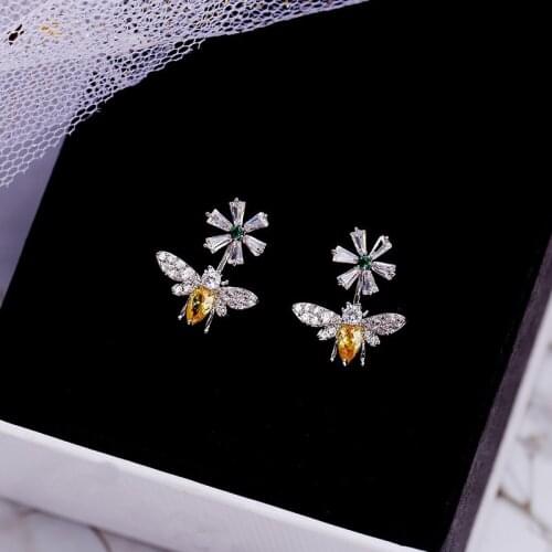 Fashion New Cute Sunflower Bee Earrings White Yellow Zircon Earrings Animal Girls Earrings Jewelry Gifts 925 Sterling Silver