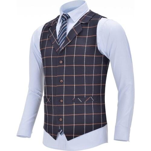 Mens Business Vest Boutique Slim Fit Single-breasted Cotton Suit Wool Plaid Navy Waistcoat For Wedding Formal Vest Groomsmen
