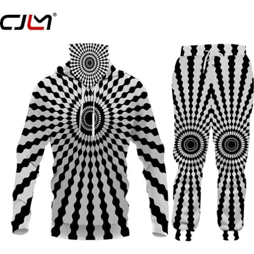CJLM Black White ring Vertigo 3D Pattern Sport Suit Men Set 2 Pcs Setup Mens Harajuku Hoodie Sweatpants Tracksuit Winter suit
