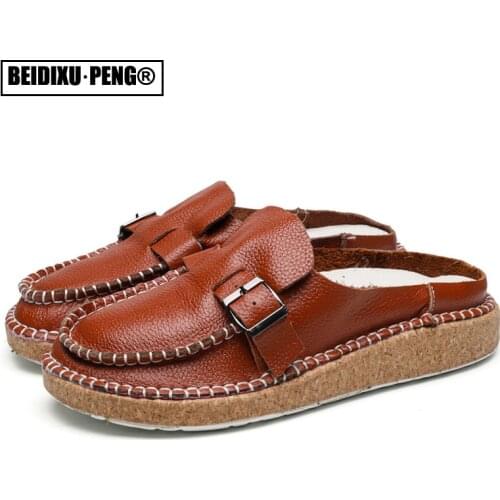 Slip On Summer Flats Mules Sandals For Women Platform Ladies Walk Shoes Round Toe Vintage Open Heel Derma Leisure Slippers 2021