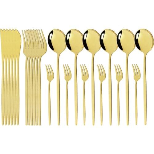 24Pcs/Set Gold Mirror Cutlery Set 18/10 Stainless Steel Dinnerware Silverware Flatware Set Dinner Knife Cake Fork Spoon Set