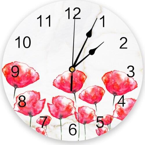 Poppy Flower Marble Print Wall Clock Wall Art Silent Non ticking Round Wall Watch for Home Decortaion Best Gift