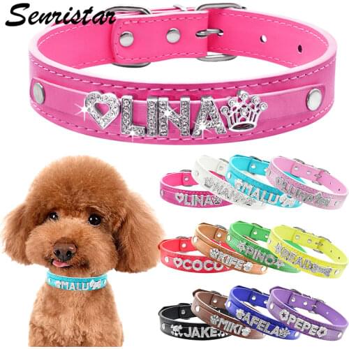 Personalized Charms Name Dog Collar For Small Medium Large Dogs Custom Bling Rhinestone Leather Buldog Dog Collar Pet Cat Collar