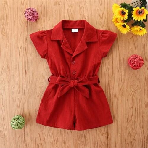1-6 Years Girls Summer Casual Jumpsuit Fashion Solid Color Button down Bandage Romper Loose Short Pants