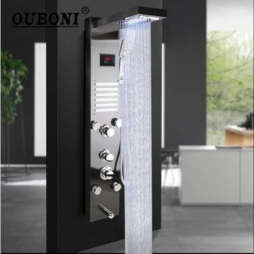 OUBONI Nickel Brushed Dark Grey Digital Display Shower Panel Column LED Rain Waterfall Shower Spa Jets Bath Shower Mixer Faucet