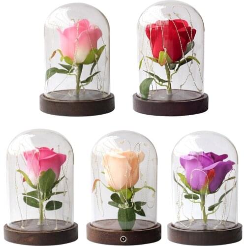 Romantic Valentines Day Present Warm White Artificial Rose Flower Glass Bottle Light Desk Table Romantic Night Lamp for Gifts