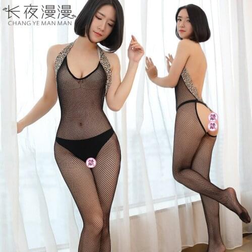 Sexy Lingerie Sexy Leopard Print Lace One-piece Halter Neck Naked Back Net Dress Stockings Transparent Adult Womens Underwear