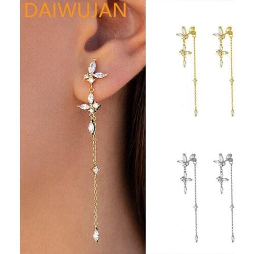 DAIWUJAN Prevent Allergy 925 Sterling Silver Long Tassel Earrings for Women Gold Crystal Butterfly Drop Earrings Wedding Jewelry