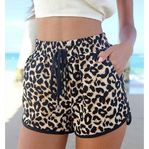 2021 Simple Women Casual Shorts Leopard Printed Fitness Workout Summer Shorts Female Elastic Drawstring Waist Loose Beach Short