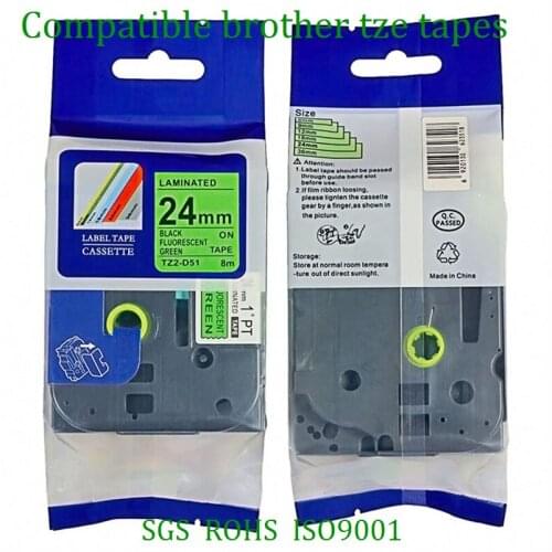Compatible Black on Flu.Green TZe-D51 TZ-D51 24mm laminated label tapes for Ptouch label printers