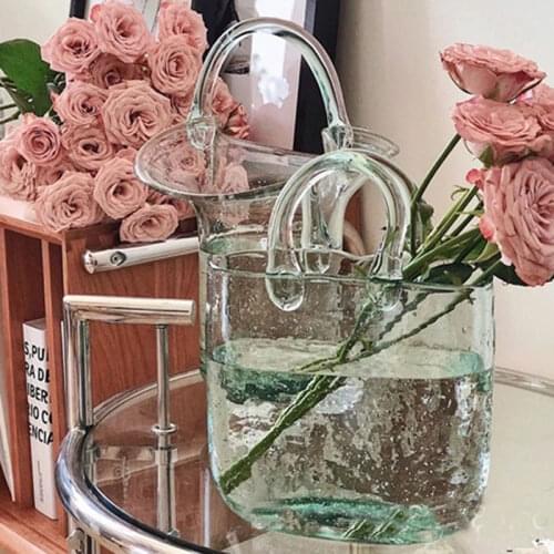 Glass Basket Flower Vase Eco- Friendly Green Glass Home Decoration Plants Holder Handbag Basket Flower Arrangement Furniture