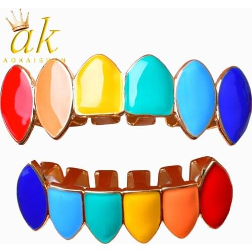 Shining Hip Hop Grillz Iced Out CZ Fang Mouth teeth grills Caps Top & Bottom tooth Set Men Women Vampire Grills Fashion Jewelry
