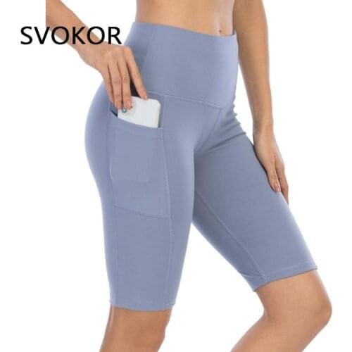 Svokor Sport Leggings Women with Side Pockets Spandex Fitness Legging Femme High Waisted Gymwear Workout Pants Knee-Length