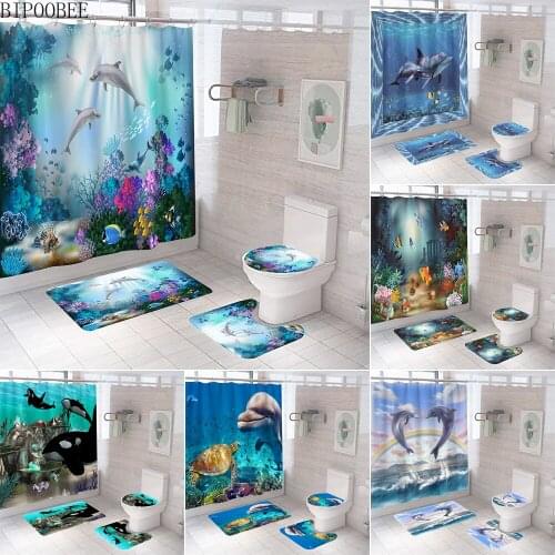 3D Ocean Dolphin Bathroom Shower Curtain and Rug Sets Toilet Lid Cover Underwater World Landscape Bath Curtains with Hooks