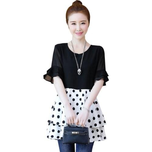 Plus Size Women Spring Summer Style Chiffon Blouses Shirt Lady Short Flare Sleeve O-Neck Polka Dot Printed Blusas Tops ZZ0348
