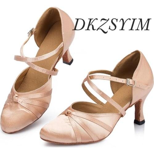 DKZSYIM Pink/Black Latin Dance Shoes Women Satin Professional Dancing Shoes Comfotable Party Tango/Salsa Dance Shoes Wholesale