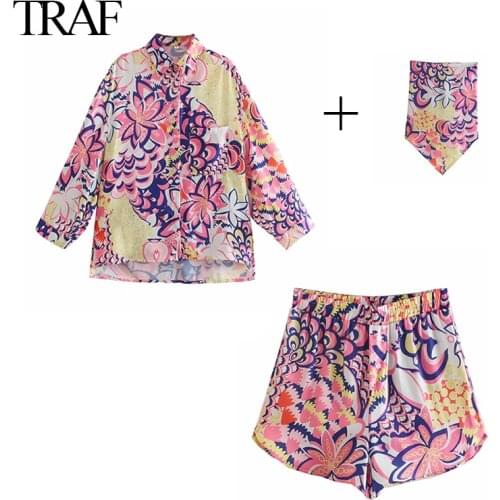 TRAF Women Suits Vintage Print Shirt Long Sleeve Patch Pocket Button Up Casual Top Blouse And Beach Shorts Chic Trousers Suits
