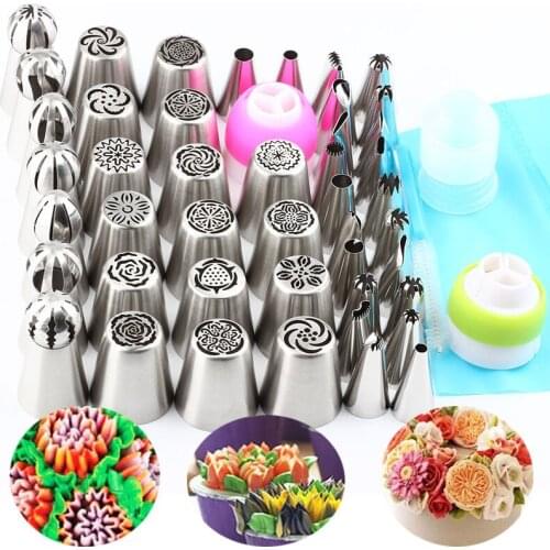 1Pcs Brush 1Pcs Pastry Bag 3Pcs Coupler Converter+Stainless Steel 45Pcs Nozzles Ball Icing Piping Shape Russian Tips Pastry