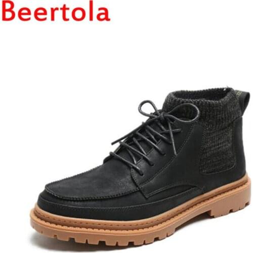 2020 Work Shoes Mens Boots Knitting Leather Round Toe Lace Up Botas Hombre Black Decor Comfortable Hip Hop Style Chaussure