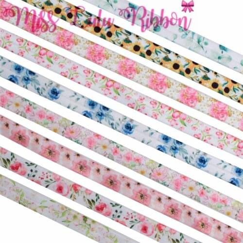 5/8"16mm Flower Series Watercolor Daisy Sunflower Printed Fold Over Elastic Ribbon DIY Hair Bowknots Gift Packing 50yards/roll