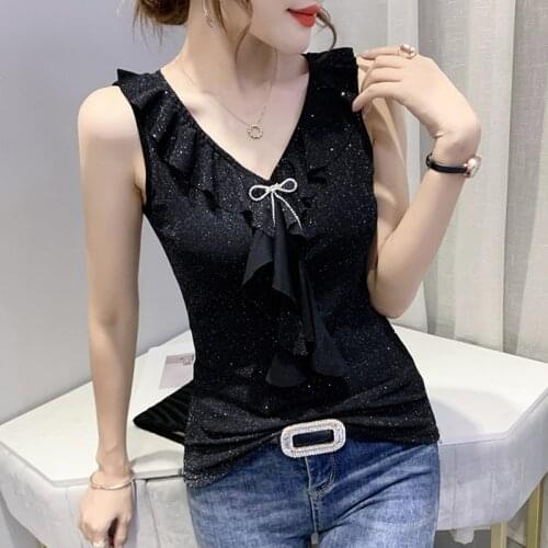 #5336 Black Leopard Sexy Tank Top For Women V Neck Spliced Ruffles Slim Basic Top Femme Sleeveless Top Summer