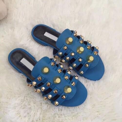 Fashion Blue Smooth Leather Women Leather Straps Flat Sandals Golden Studs Ladies Slip On Slippers Summer Hot Dress Shoes
