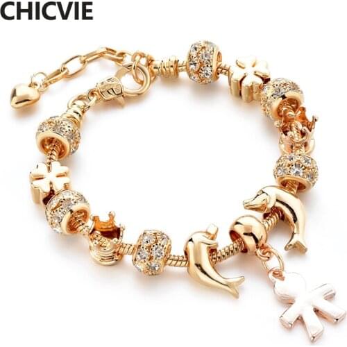 CHICVIE Gold Dolphin&Boys Shape Crystal Bracelets&Bangles For Women Jewelry Bracelet Charm Handmade Crown DIY Bracelet SBR190152