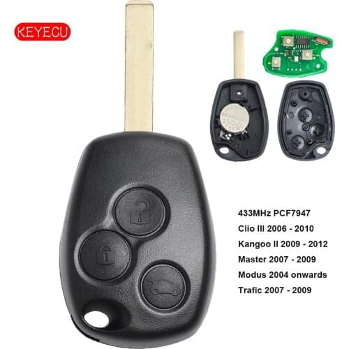 Keyecu Remote Key Fob 3 Button 433MHz PCF7947 Chip for Renault Kangoo II Clio III