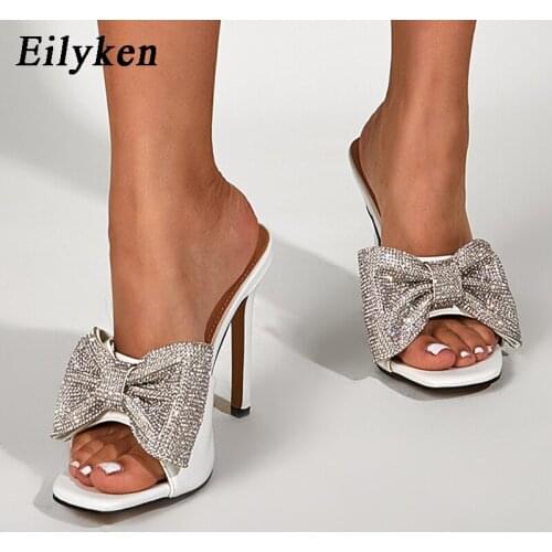 Eilyken Sexy New Peep Toe Slippers Woman Summer Fashion Crystal Rhinestone Butterfly-Knot Ladies Sandals Thin High Heels Shoes