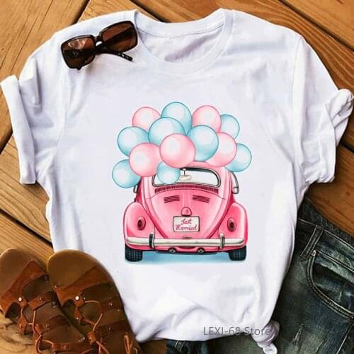 Pink Car And Balloon Print T Shirt Women Just Married Tshirt Femme Kawaii Clothes For Girls Harajuku Female T-Shirt Tops
