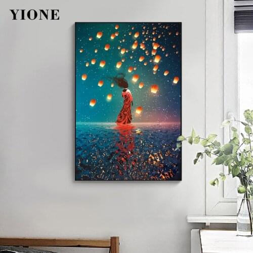 Nordic Art Sky Lamp Lantern Girl Canvas Painting Custom Cartoon Starry Sky Night Scene Poster Wall Picture Prints for Bedroom
