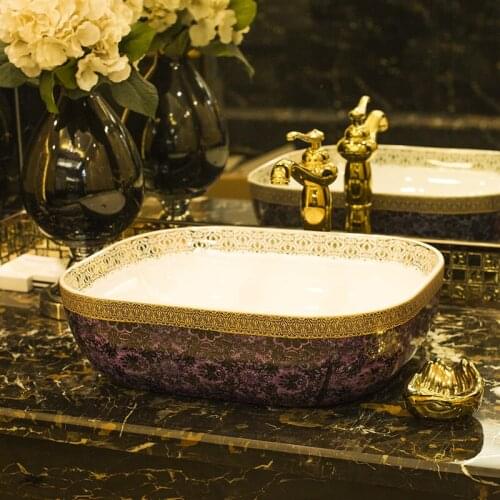 Ceramic Art Basin Sink Europe Vintage Style Counter Top Wash Basin Bathroom Sinks vanities china wash hand basin Gold